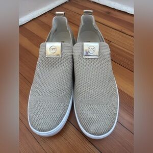 Michael Kors Tan Knit Slip-On Sneakers with Gold Logo Accent